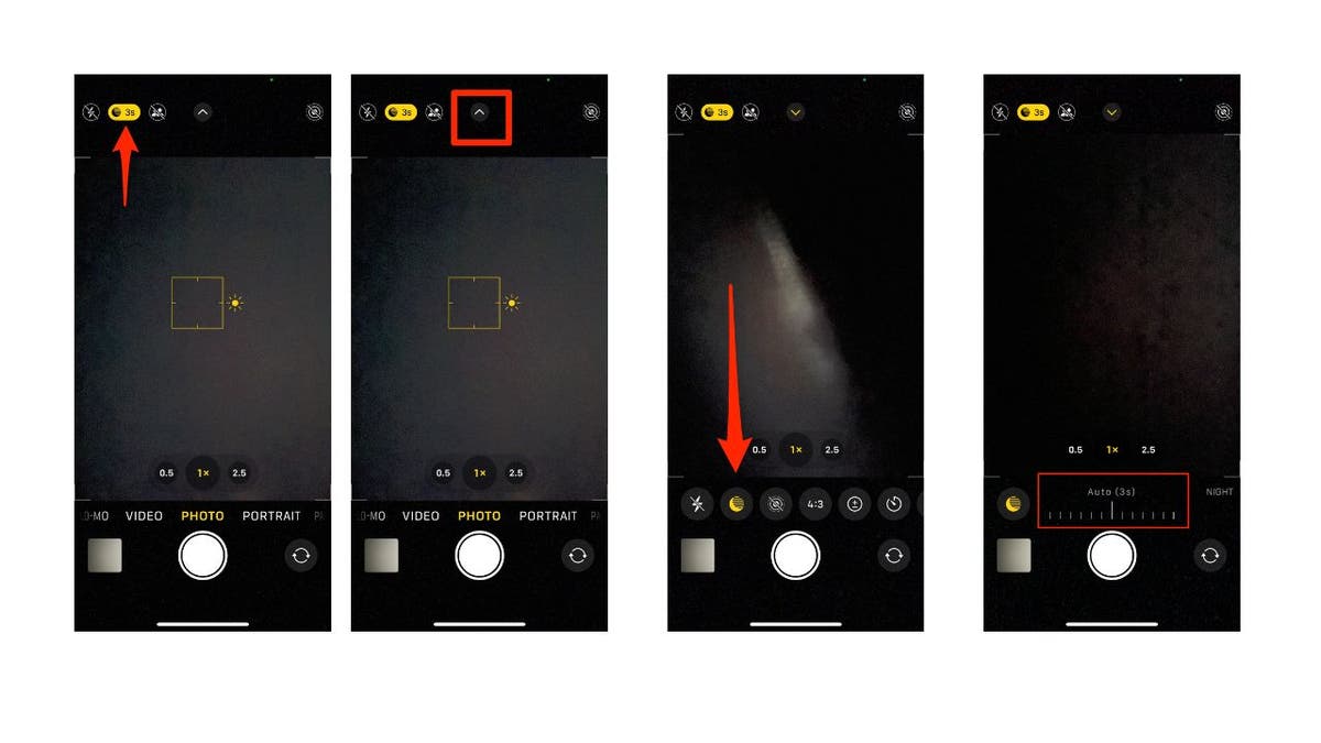 Four iPhone camera screenshots in nightmode