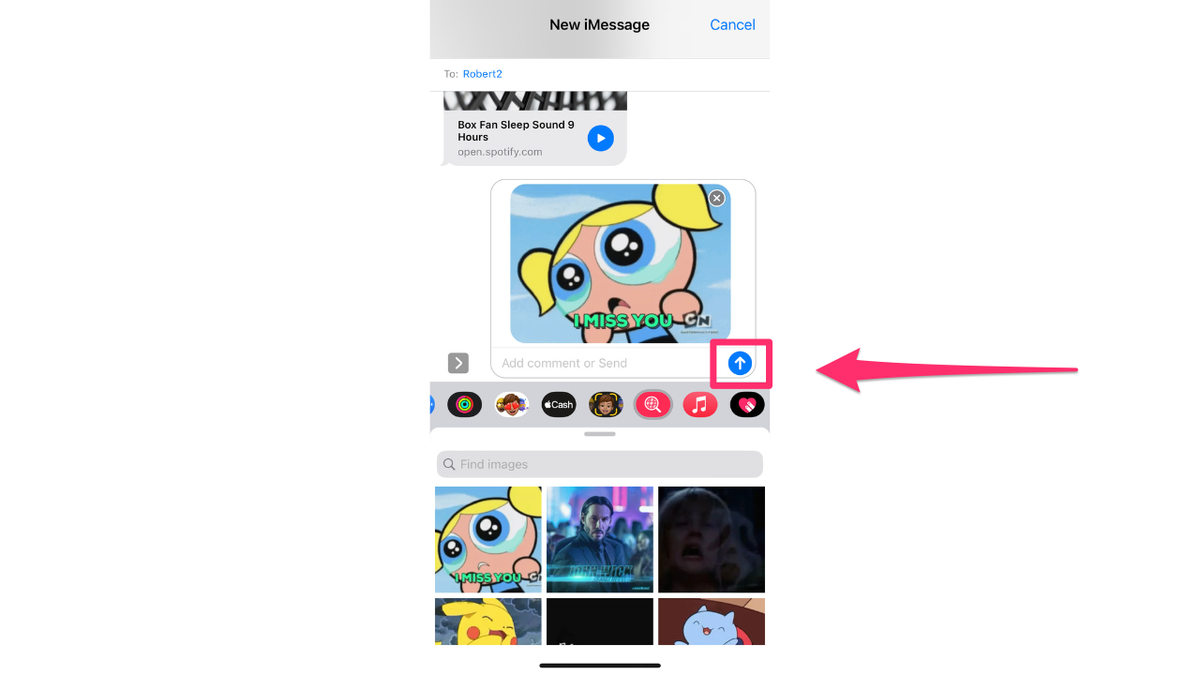 Arrow pointing to the send button once you select the GIF