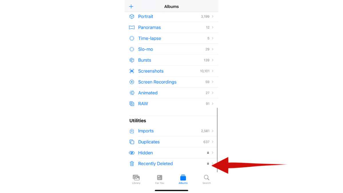 Red arrow pointing to the "Recently Deleted" option on iPhone in photos app