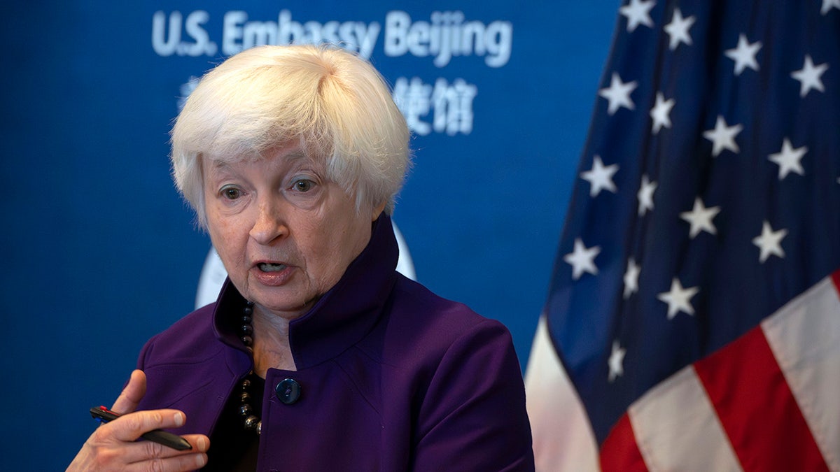 Yellen speaks during US embassy press conference in Beijing