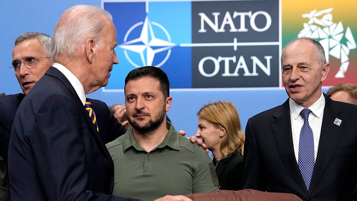 Ukrainian President Zelenskyy looks up at Biden during NATO summit