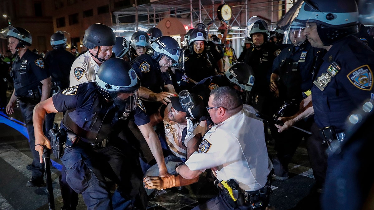 Police officers, protesters