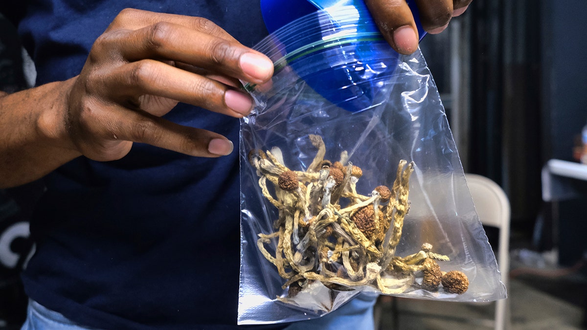 A vendor bags psilocybin mushrooms