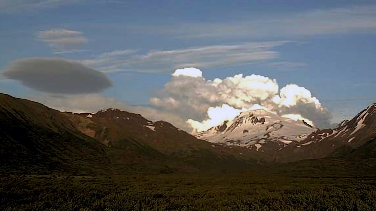 An ash plume at Alaska's Shishaldin Volcano