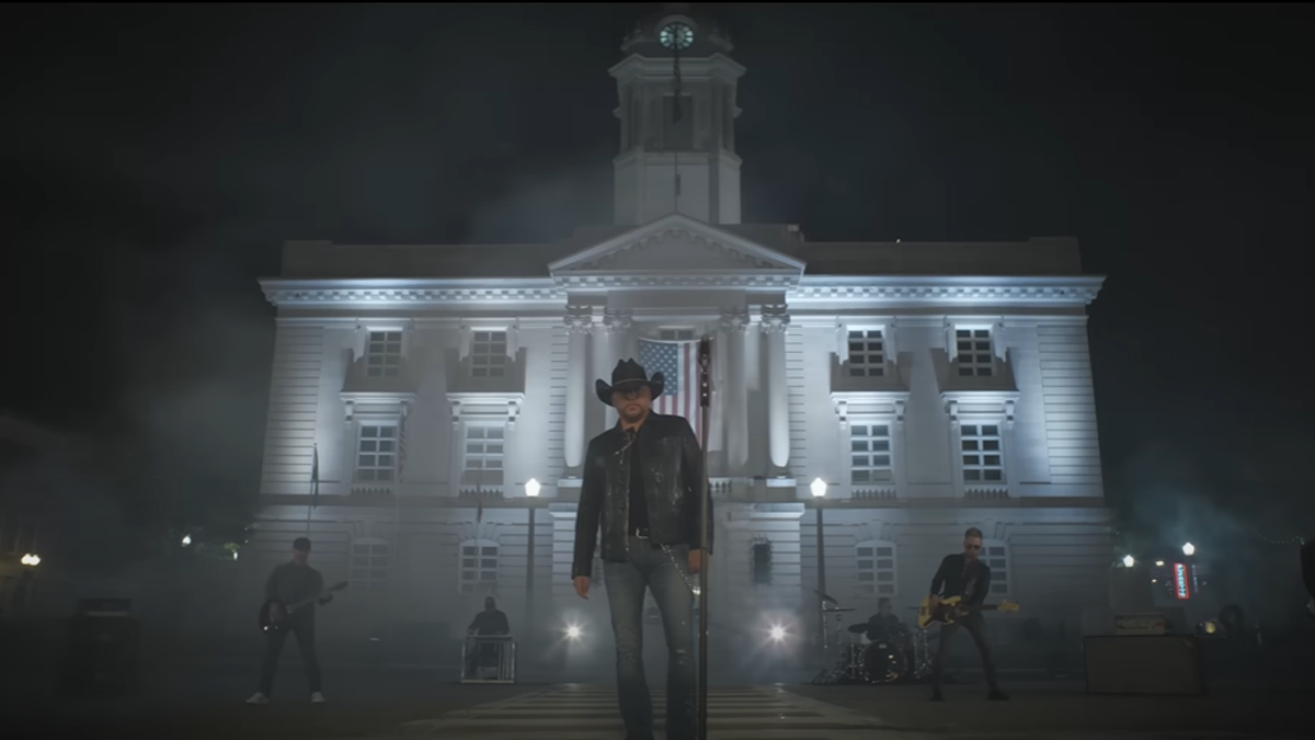 Country music star Jason Aldean appearing in the official music video for "Try That In A Small Town. The video took place in front of the Maury County Courthouse in Columbia, Tennessee, which has a controversial past.