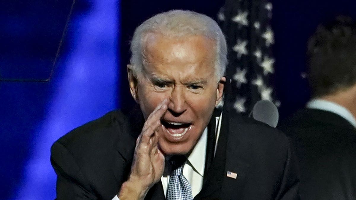 U.S. President-elect Joe Biden yells to the audience after speaking during an election event in Wilmington, Delaware, U.S., on Saturday, Nov. 7, 2020. Photographer: Sarah Silbiger/Bloomberg via Getty Images