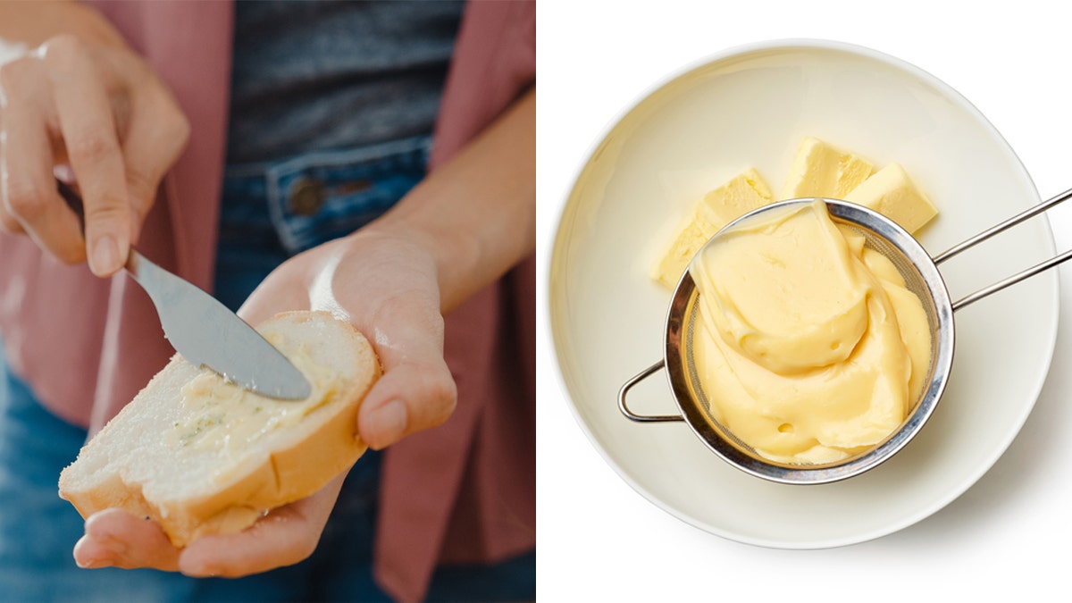 Left: Person butters toast. Right: A glob of butter in a strainer.