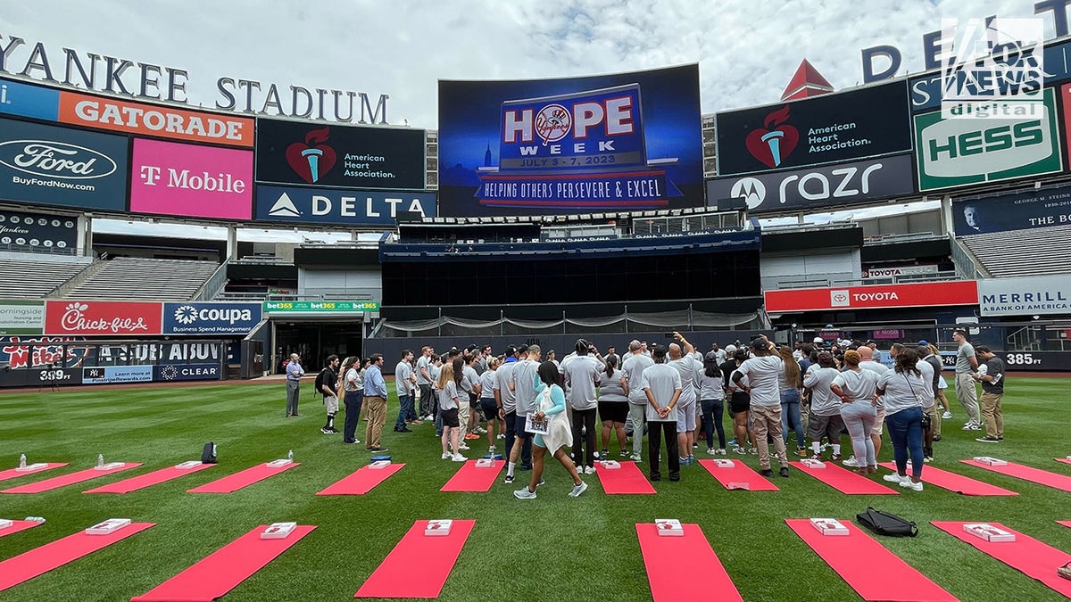 The media gather at Yankee Stadium