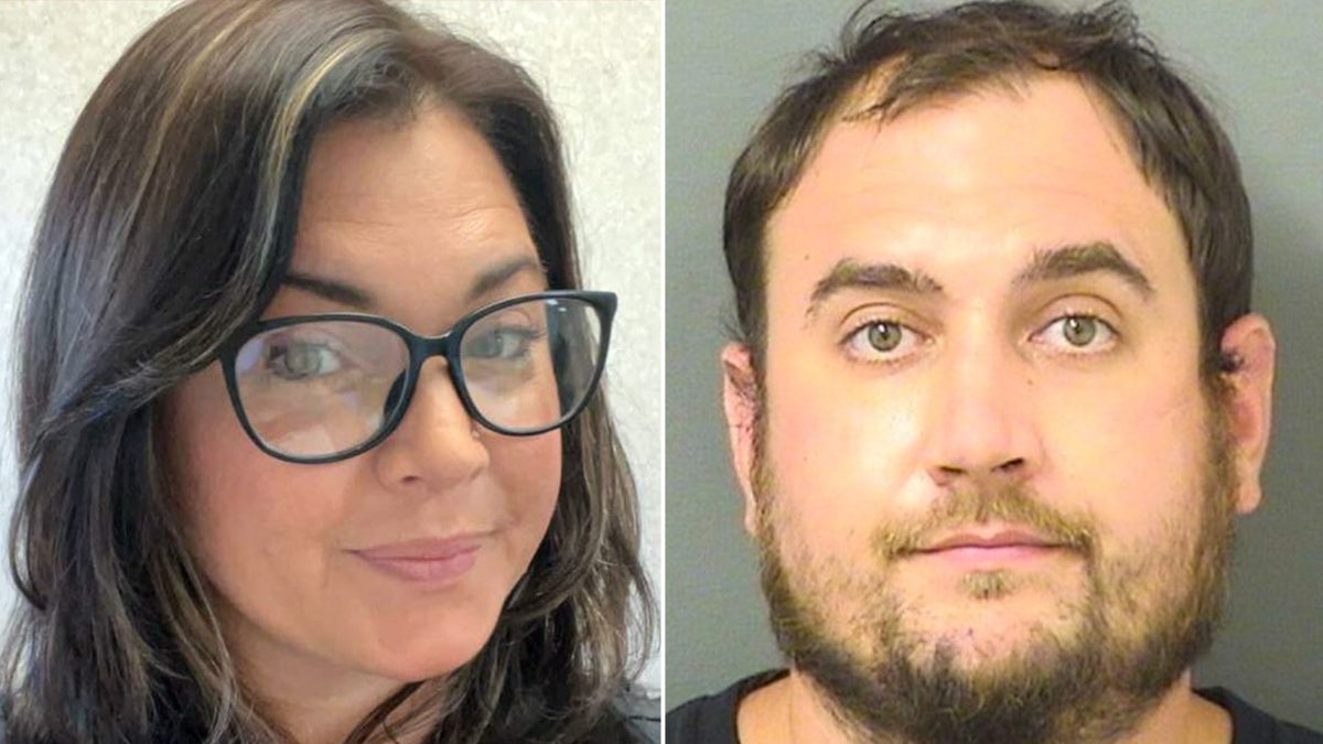 Florida woman wearing glasses smiles next to booking photo of stone-faced man with beard