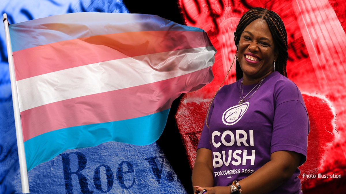 Cori Bush next to the Trans Pride flag