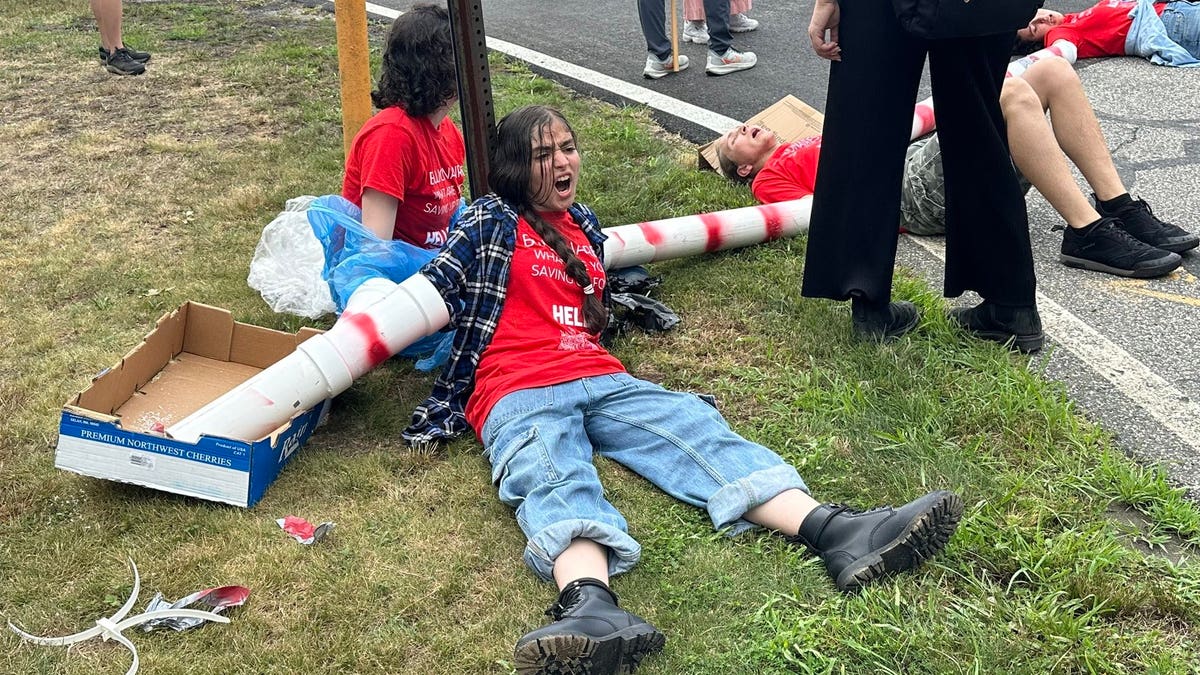 Climate activists are pictured protesting at the East Hampton Airport on Friday.