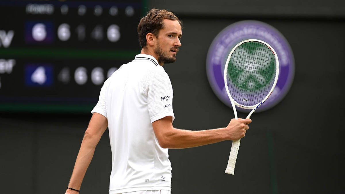 Daniil Medvedev celebrates a point during a quarterfinal match at Wimbledon