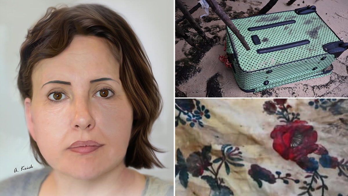 Delray Beach woman rendering next to turquoise suitcase and floral pattern.