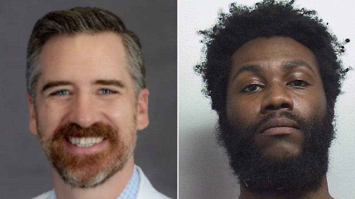Tennessee doctor, smiling, left, mug shot of suspect in killing, right
