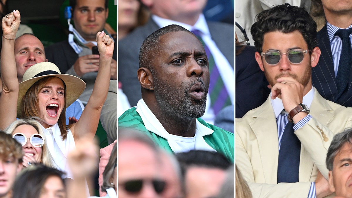 Three split of Emma Watson, Idris Elba, and Nick Jonas reacting to Wimbledon.
