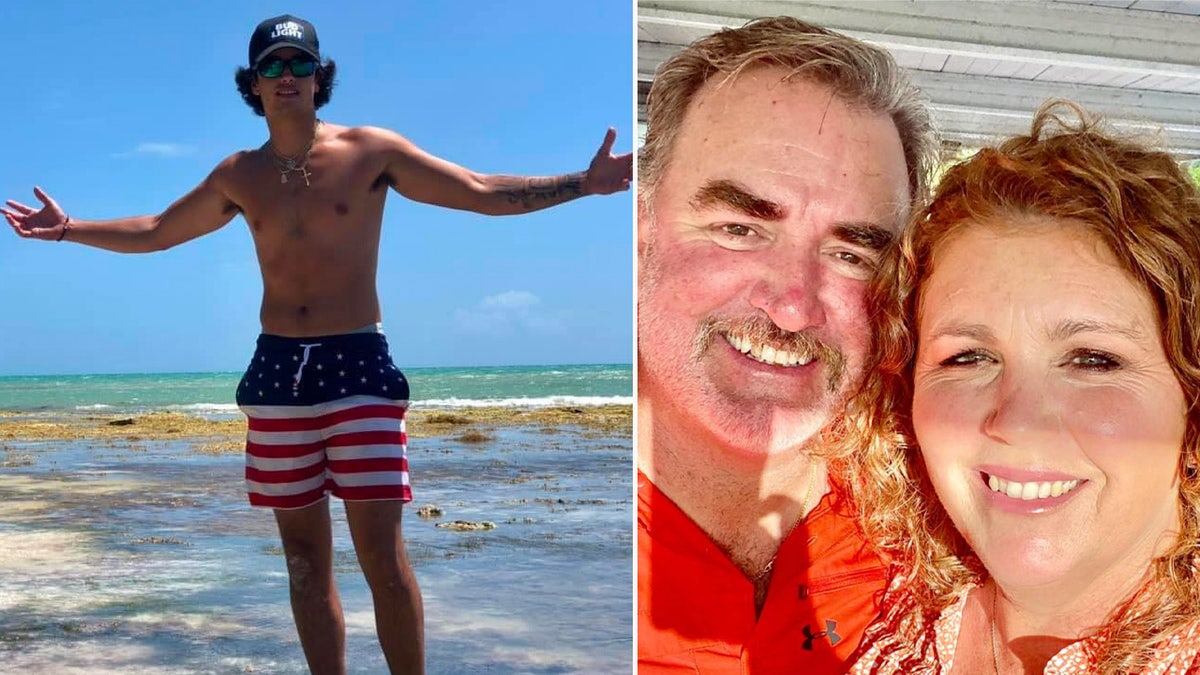 Man wearing American flag shorts poses at the beach next to a photo of a smiling couple.