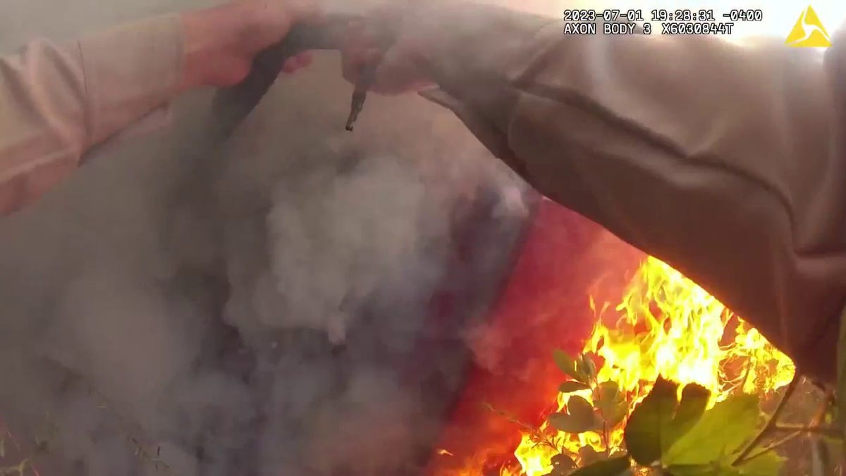 An officer saves a woman trapped in a burning car