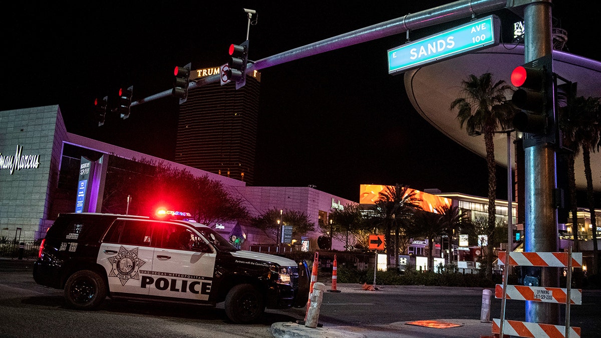 A police car blocks Las Vegas Boulevard 