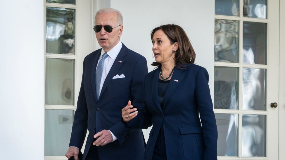 President Joe Biden and Vice President Kamala Harris walk back to the Oval Office after an event about gun violence in the Rose Garden of the White House, April 11, 2022 in Washington, D.C.
