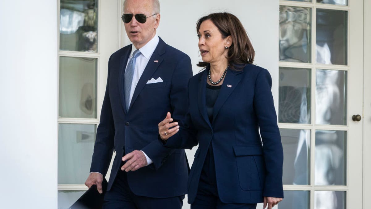 President Joe Biden and Vice President Kamala Harris walk back to the Oval Office after an event about gun violence in the Rose Garden of the White House, April 11, 2022 in Washington, D.C.