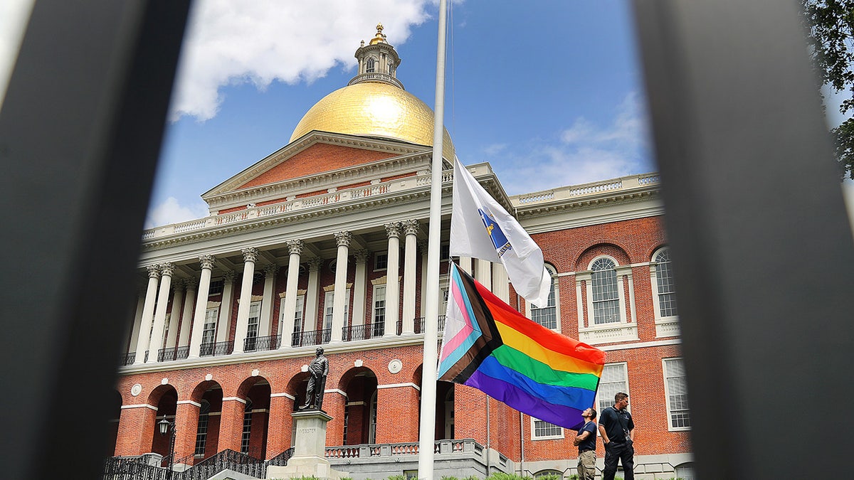 Pride flag outside the Massachusetts State House