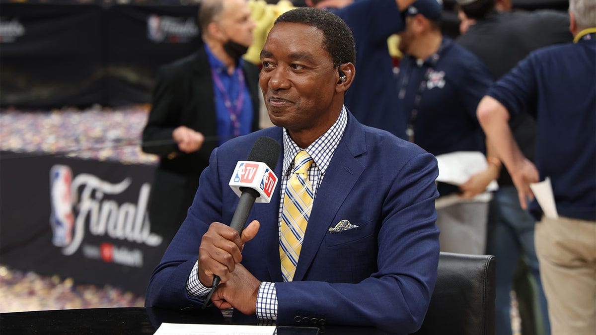 NBA TV analyst Isiah Thomas looks on after an NBA Finals game