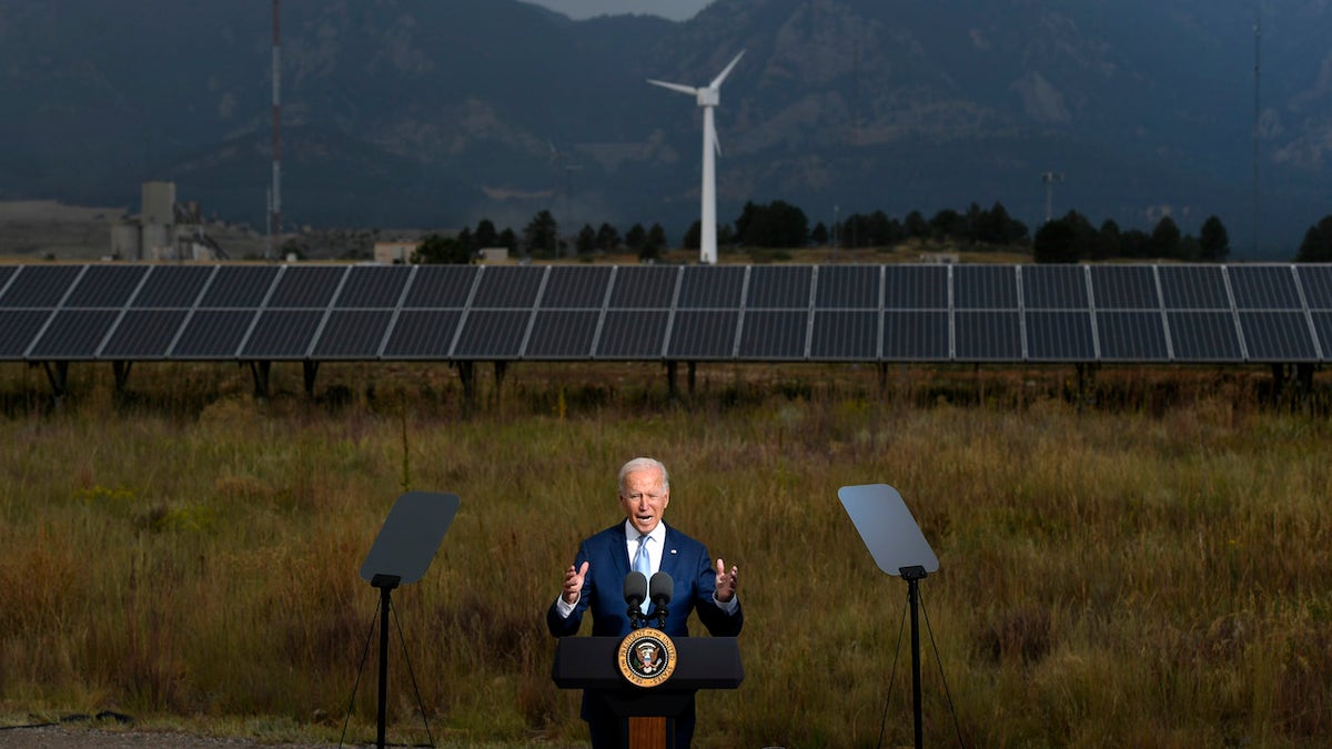 ARVADA, CO - SEPTEMBER 14: President Joe Biden makes remarks during a press conference on the grounds of National Renewable Energy Laboratory (NREL) on September 14, 2021 in Arvada, Colorado. Biden was in Colorado to visit NREL and to deliver remarks underscoring how the investments in his Bipartisan Infrastructure Deal and Build Back Better Agenda will help tackle the climate crisis, modernize our infrastructure and strengthen our country’s resilience while creating good-paying jobs, union jobs and advancing environmental justice. (Photo by Helen H. Richardson/The Denver Post)
