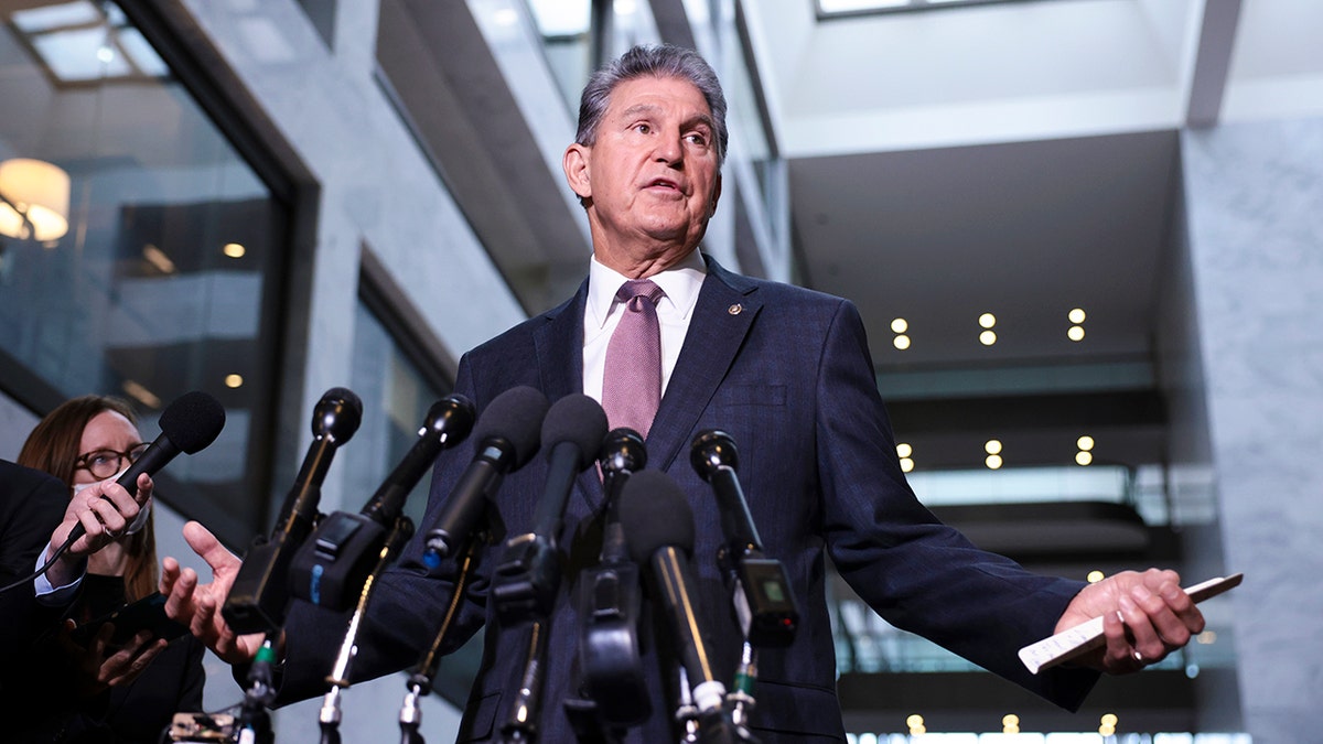 WASHINGTON, DC - OCTOBER 06: Sen. Joe Manchin (D-WV) speaks at a press conference outside his office on Capitol Hill on October 06, 2021 in Washington, DC. (Photo by Anna Moneymaker/Getty Images)