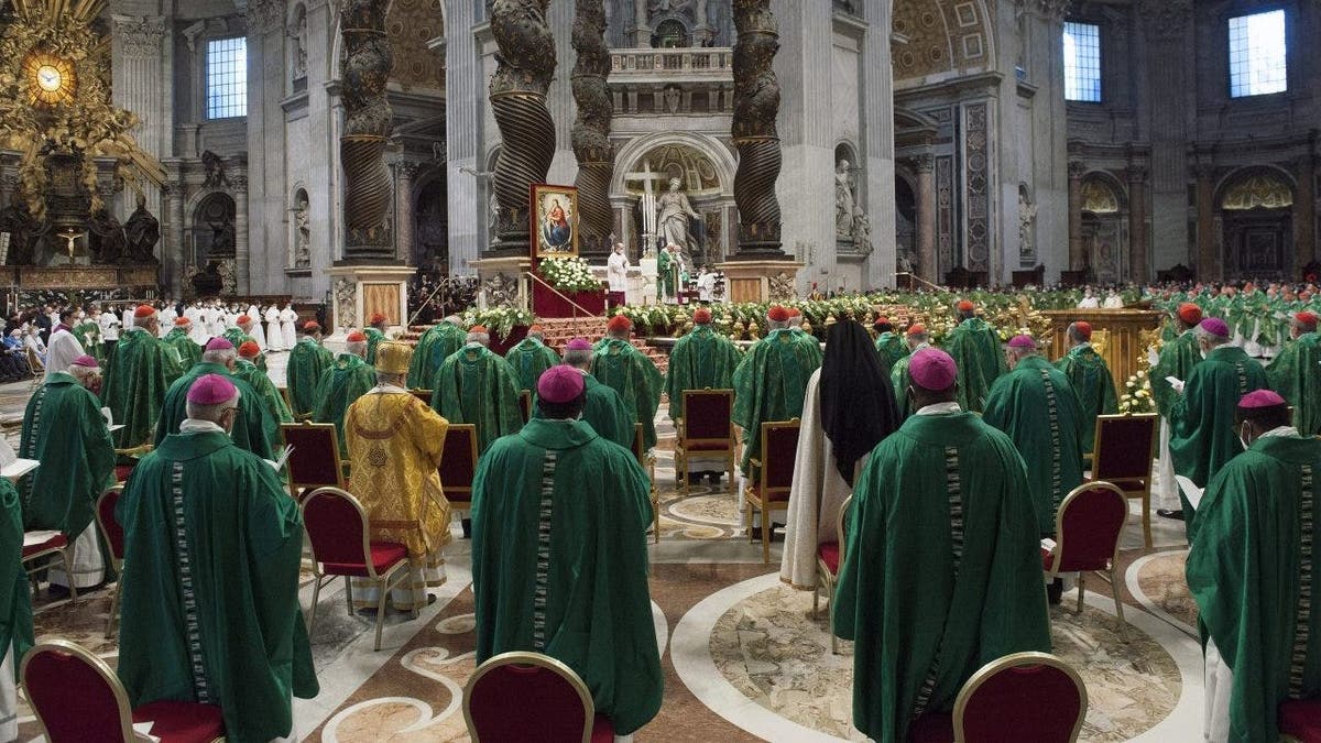 Catholic bishops wearing green attend the Synod in Italy 