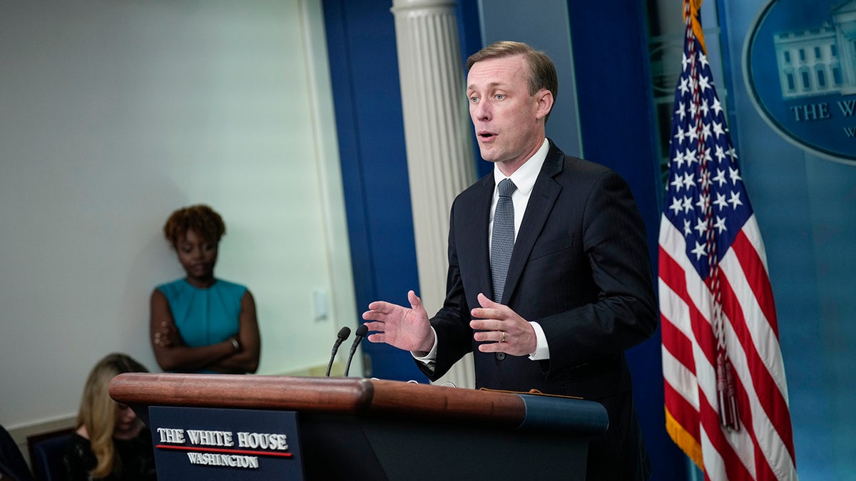 White House National Security Advisor Jake Sullivan addresses the press