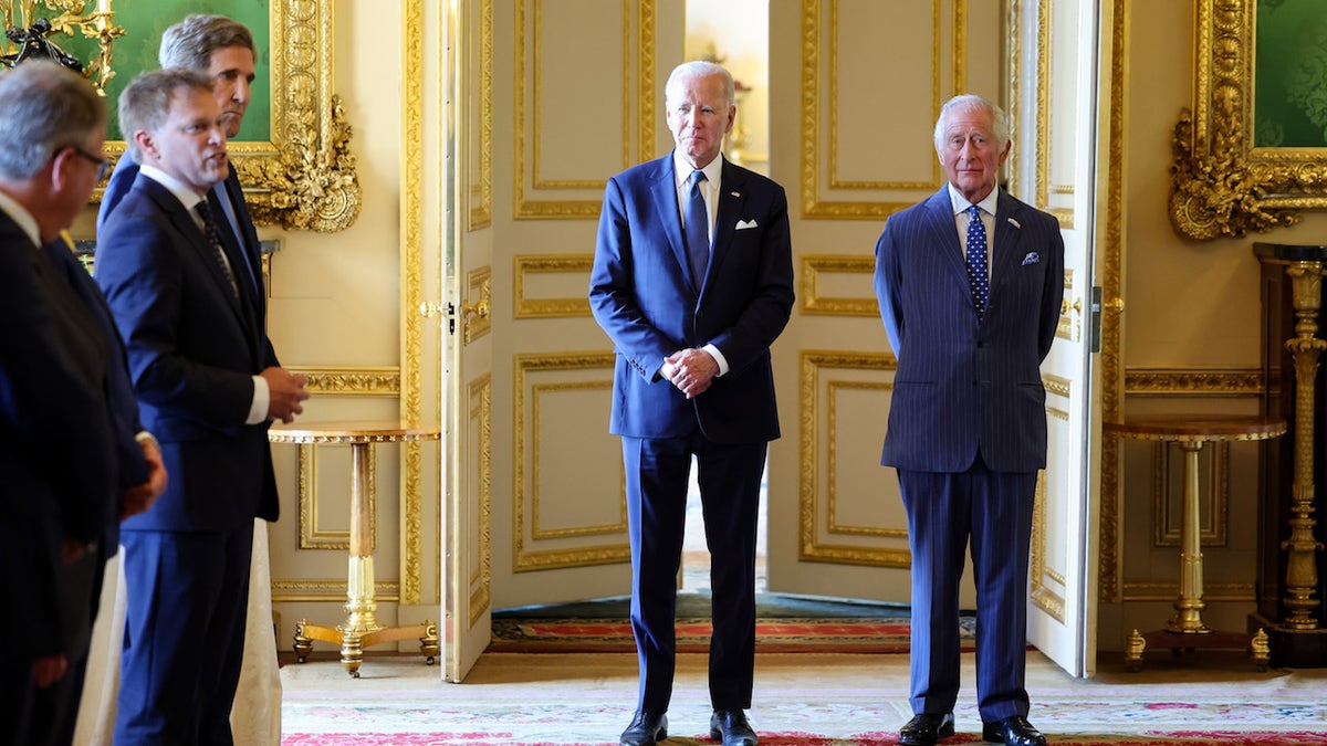 WINDSOR, ENGLAND - JULY 10: Grant Shapps, Secretary of State for Energy Security and Net Zero, United States Special Presidential Envoy for Climate, John Kerry, the President of the United States, Joe Biden and King Charles III in the Green Drawing room to meet with participants of the Climate Finance Mobilisation forum at Windsor Castle on July 10, 2023 in Windsor, England. The President is visiting the UK to further strengthen the close relationship between the two nations and to discuss climate issues with King Charles III. (Photo by Chris Jackson - WPA Pool/Getty Images)