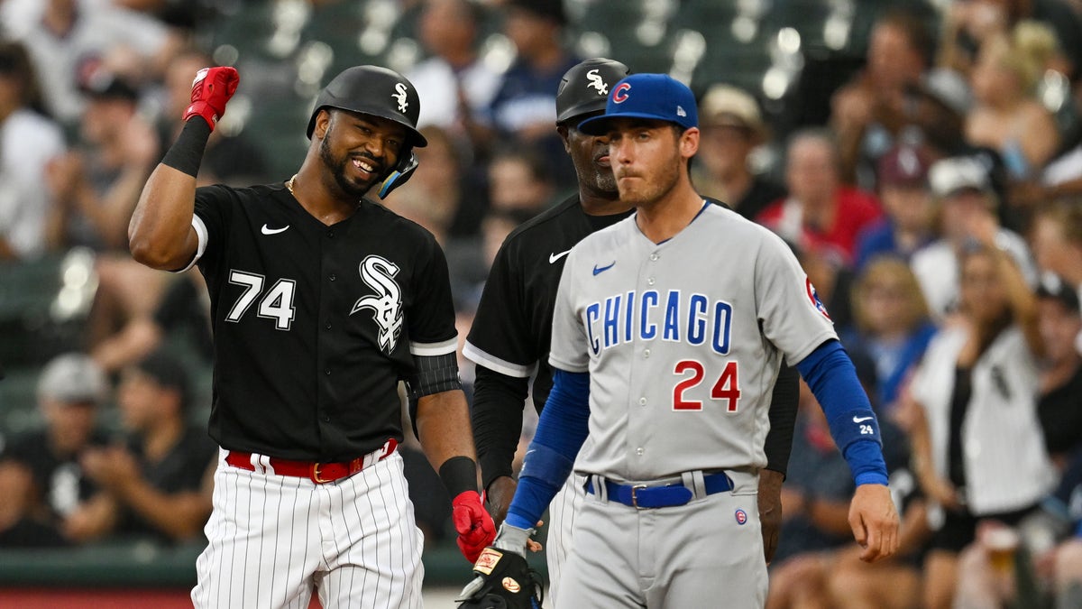 Chicago White Sox player reacts during game against Chicago Cubs