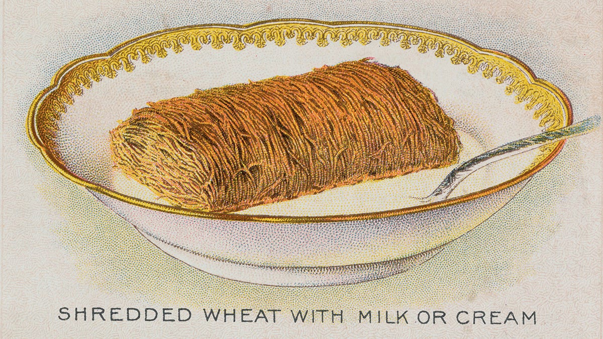 advertisment stating "shredded wheat with milk or cream"