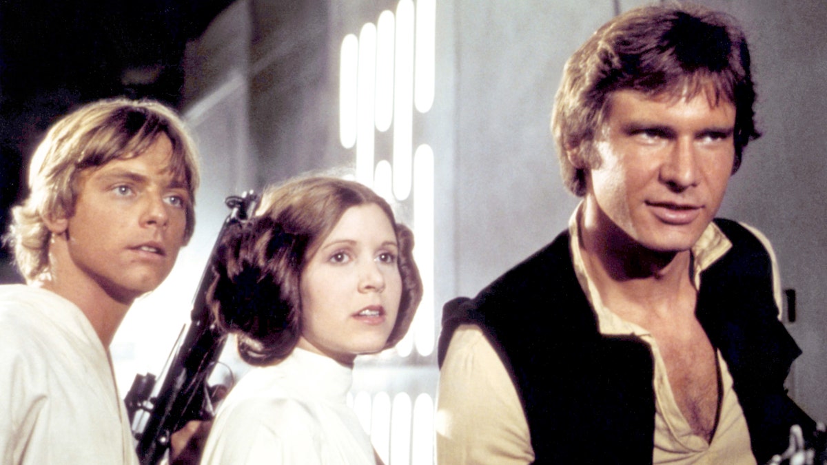 Mark Hamill, Carrie Fisher and Harrison Ford in character for "Star Wars"