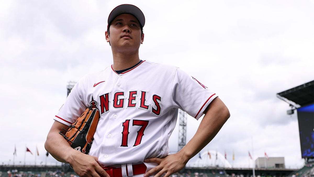 Shohei Ohtani looks on at the All-Star workout day