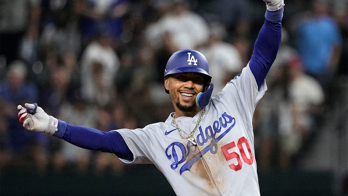 Los Angeles Dodger Mookie Betts after hitting a double