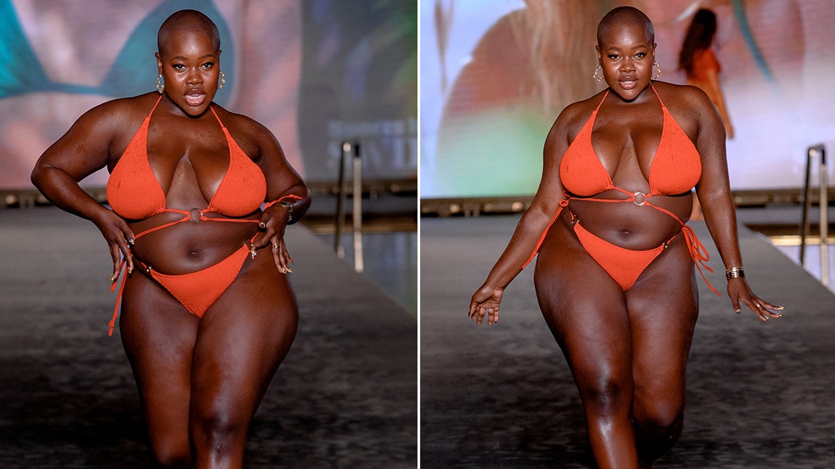 A side-by-side photo of Achieng Agutu wearing a red bikini on the runway
