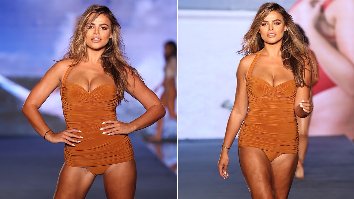 Brooks Nader wearing a tan one-piece in a side-by-side photo