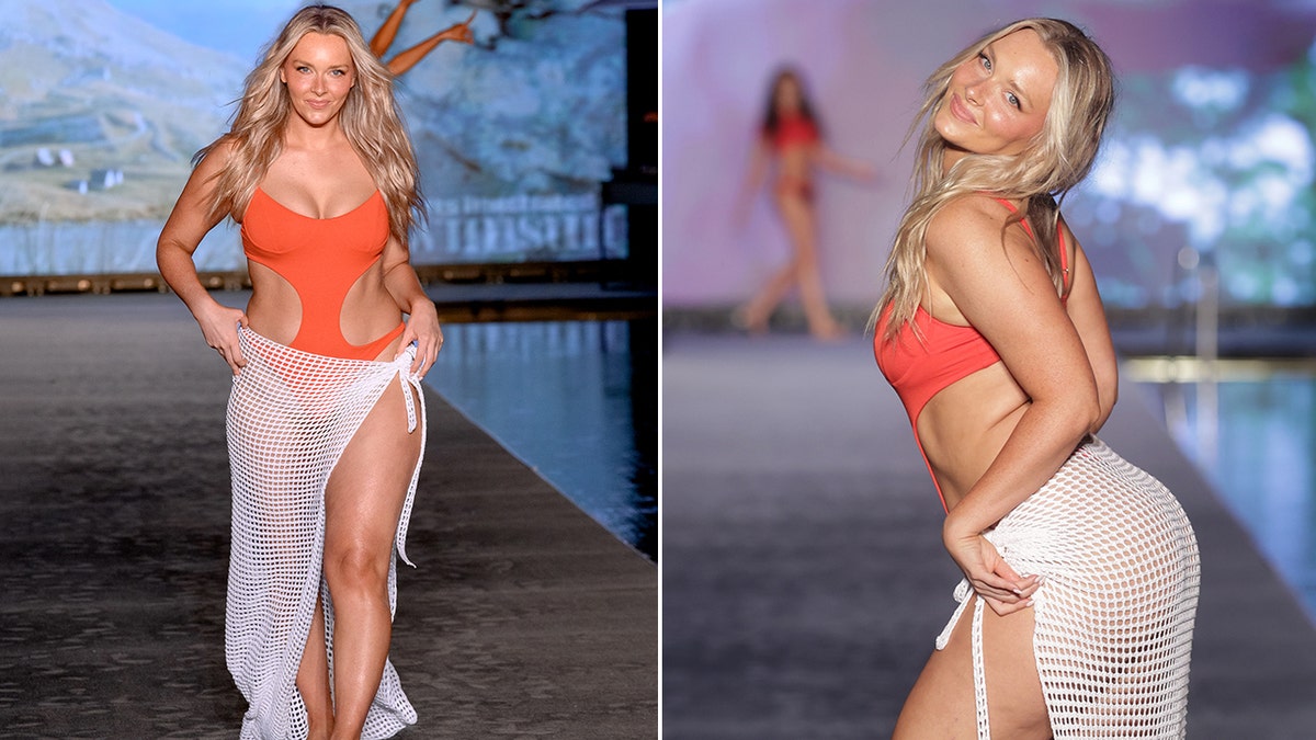 a side-by-side photo of Camille Kostek walking down the runway