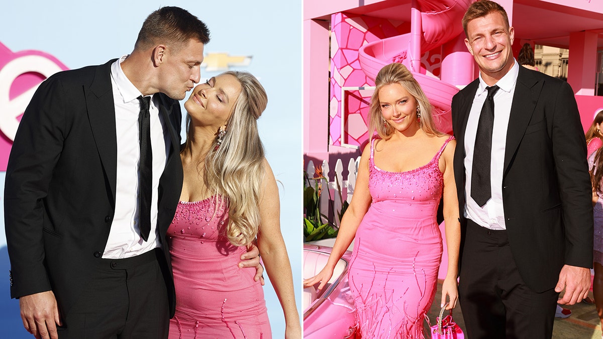 A side-by-side photo of Camille Kostek and Rob Gronkowski at the premiere of Barbie