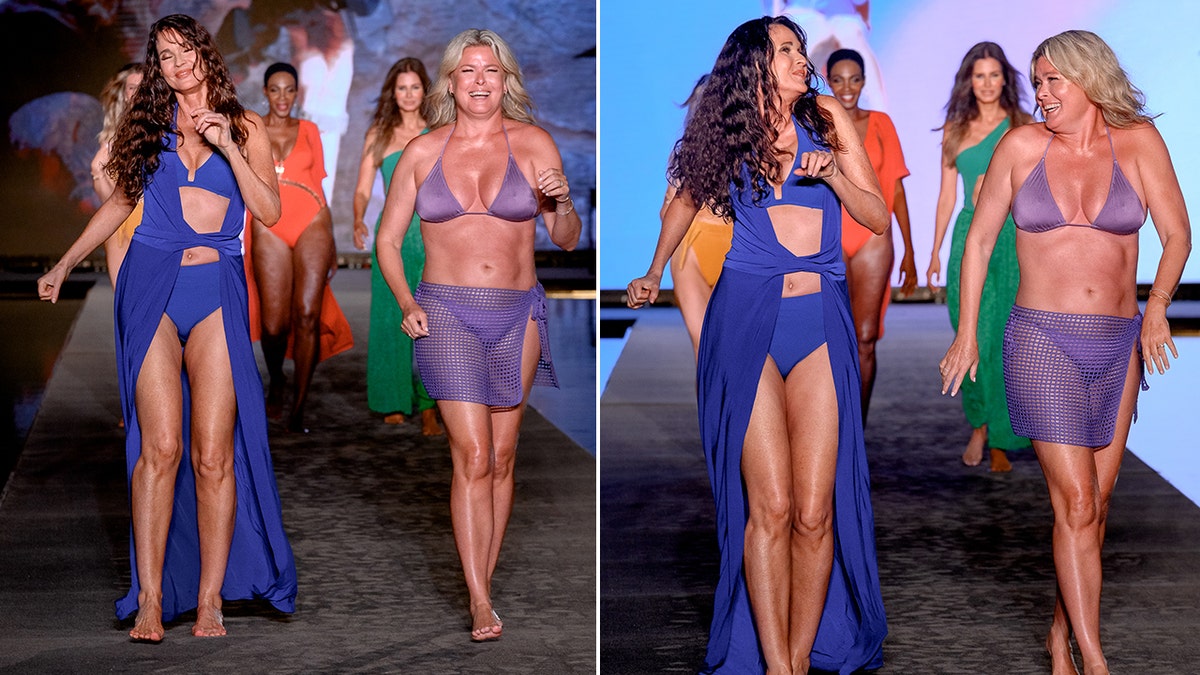 A side-by-side photo of Carol Alt wearing a blue swimsuit on the runway