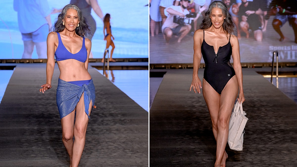 A side-by-side photo of Nina Cash modeling swimsuits on the runway