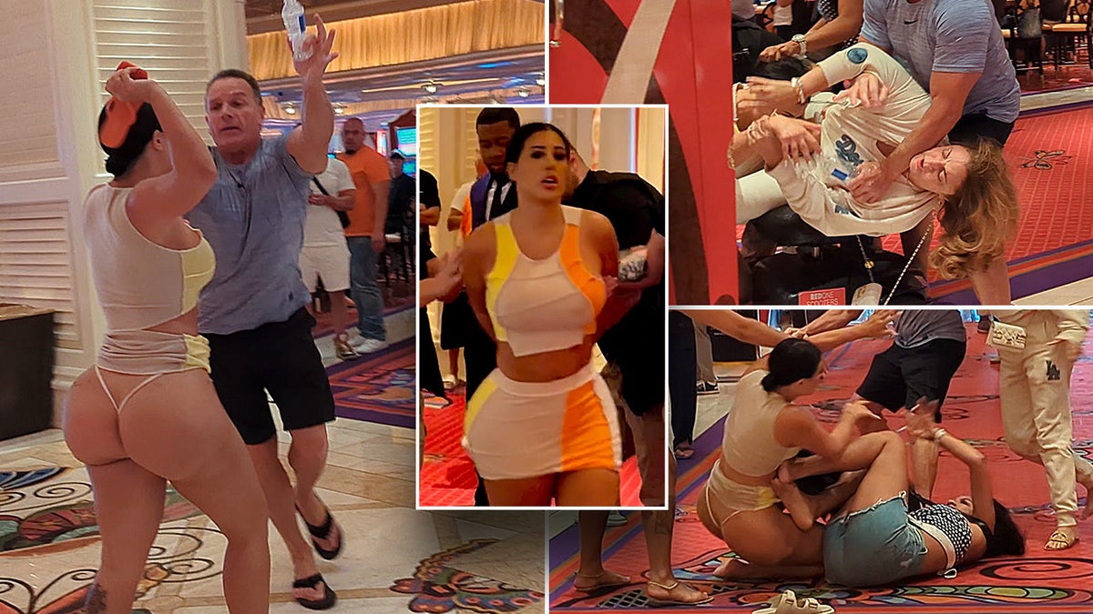 woman in thong brandishes shoe during brawl in casino