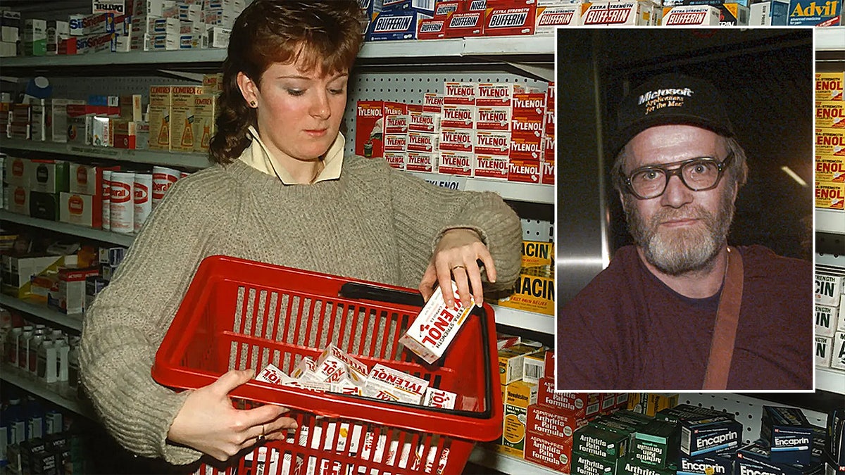 A woman shown pulling Tylenol bottles from a shelf in 1982 with an inset of James Lewis.
