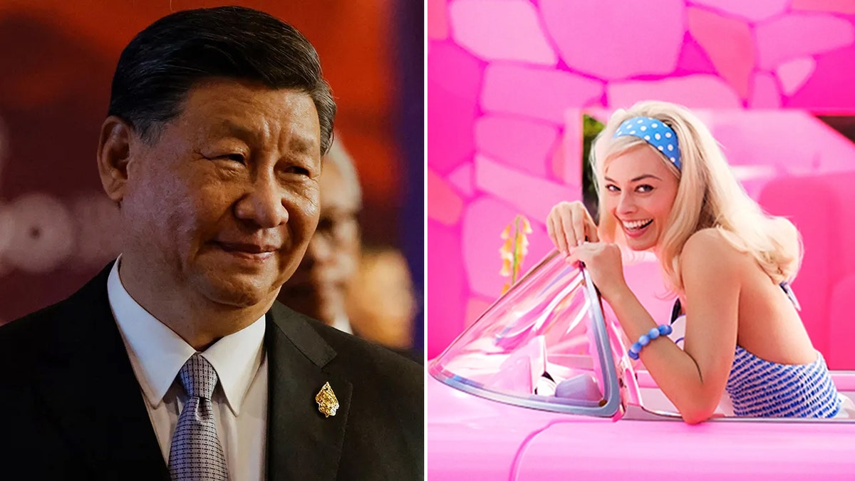 Xi Jinping on left and Margot Robbie dressed as Barbie on right