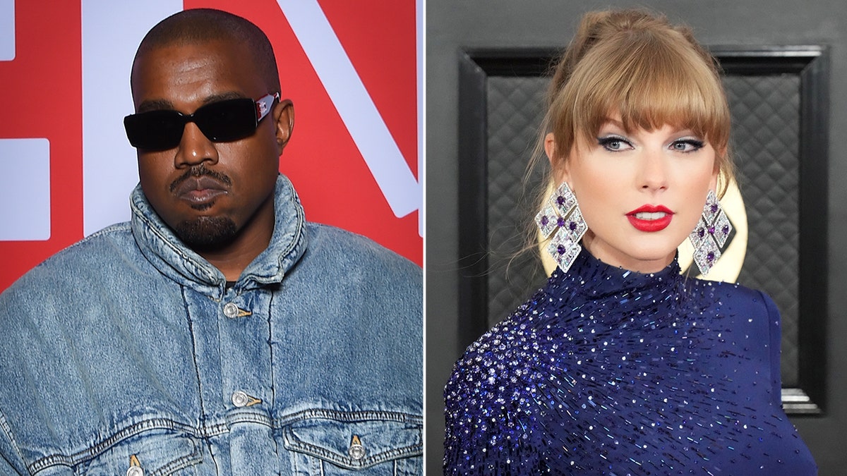 Split of Kanye West wearing sunglasses and Taylor Swift wearing blue