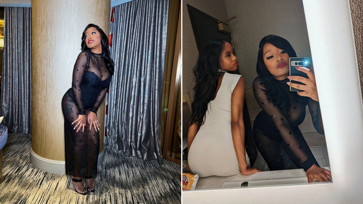 side by side of Keke Palmer posing solo and Keke posing with a friend