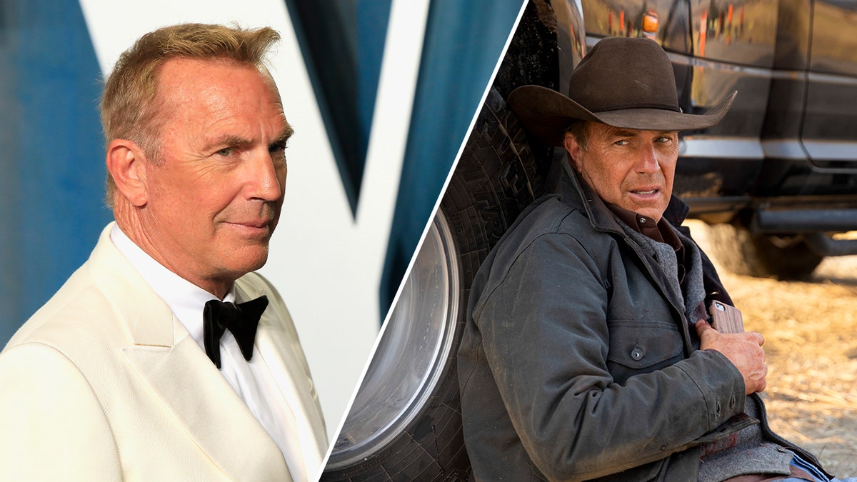side by side Kevin Costner red carpet and Kevin Costner Yellowstone