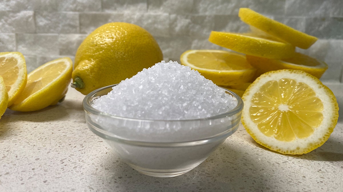 Close up view of salt bowl and sliced lemons.