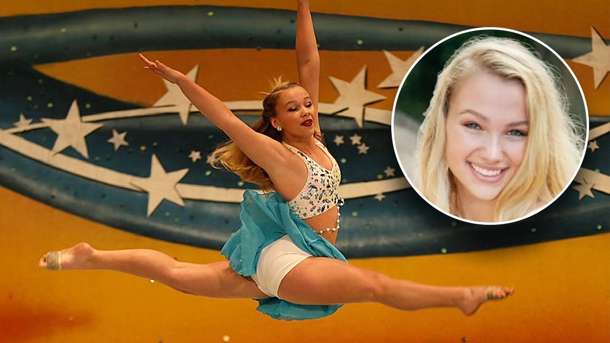 Lily Ledbetter leaping through the air at a dance competition.